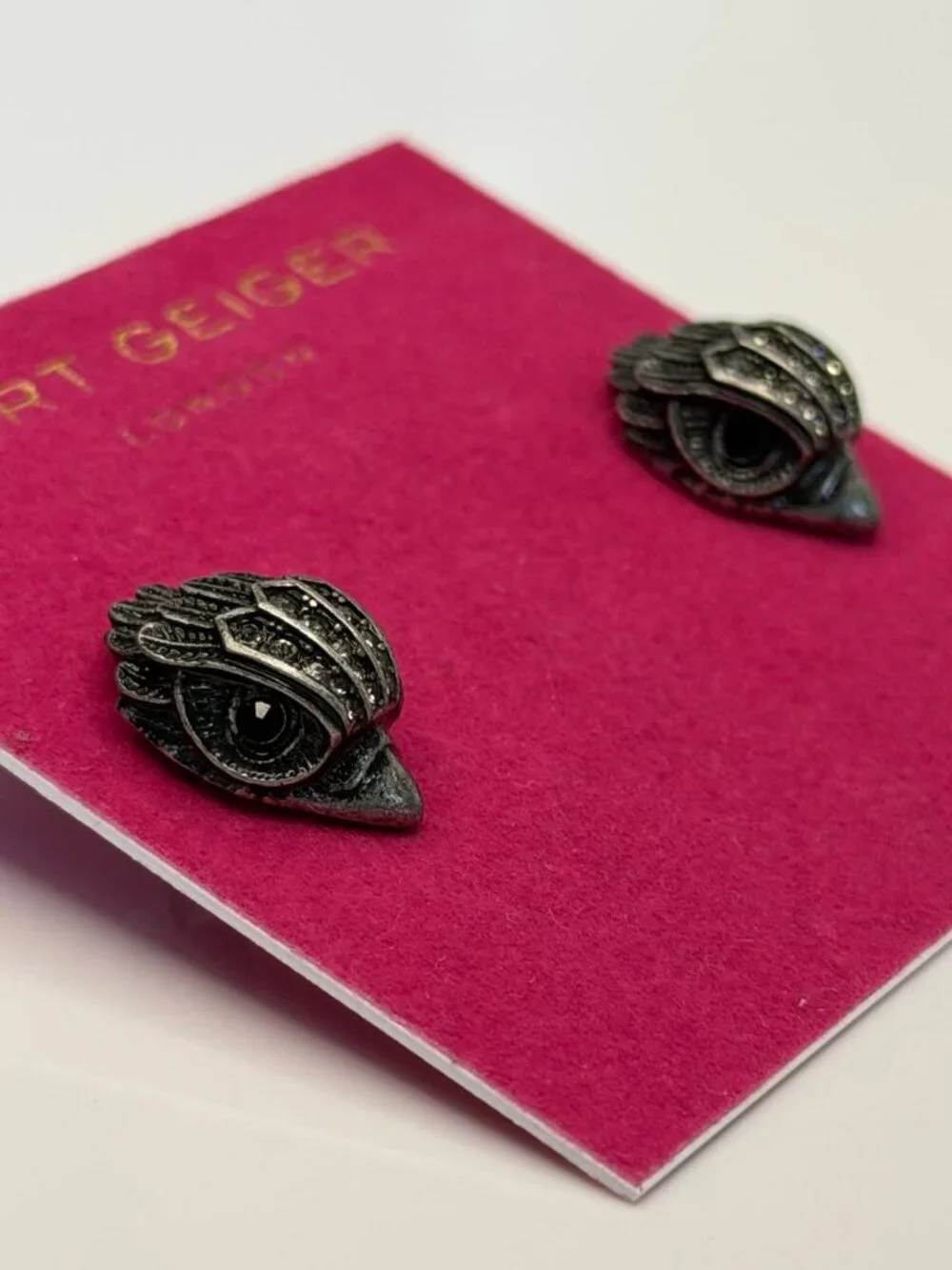 Authentic KURT GEIGER eagle stud earrings black crystal silver goth studs
